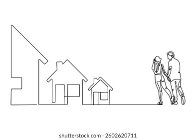 Continuous one line drawing of couple's dream house. Single line drawing illustration of couple looking at the dream house. Real estate concept vector art. Doodle line illustration.