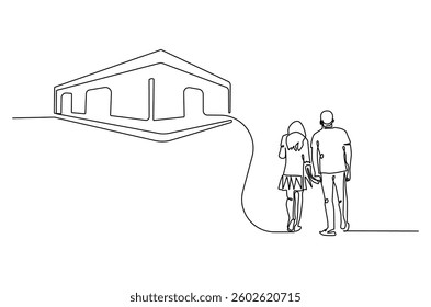 Continuous one line drawing of couple's dream house. Single line drawing illustration of couple looking at the dream house. Real estate concept vector art. Doodle line illustration.