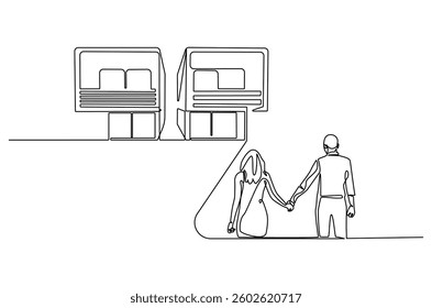 Continuous one line drawing of couple's dream house. Single line drawing illustration of couple looking at the dream house. Real estate concept vector art. Doodle line illustration.