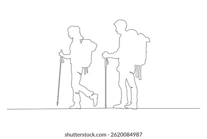 Continuous one line drawing couples hiking man woman traveling in outdoor