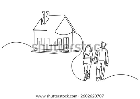 Continuous one line drawing of couple's dream house. Single line drawing illustration of couple looking at the dream house. Real estate concept vector art. Doodle line illustration.