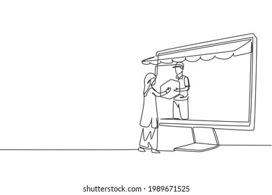 Continuous one line drawing courier comes out of giant monitor screen with canopy and gives package box to hijab female customer. Online delivery. Single line draw design vector graphic illustration