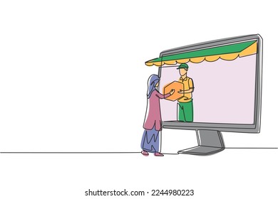 Continuous one line drawing courier comes out of giant monitor screen with canopy and gives package box to hijab female customer. Online delivery. Single line draw design vector graphic illustration