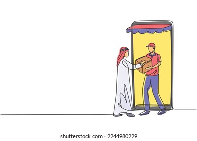 Continuous one line drawing courier comes out of giant smartphone screen with canopy and gives package box to Arabic male customer. Online delivery. Single line draw design vector graphic illustration