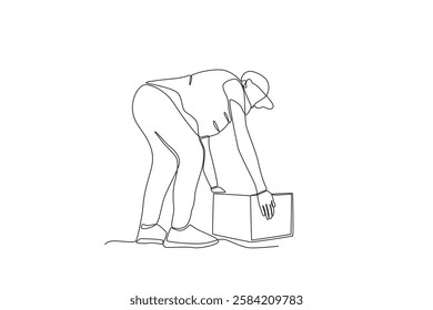 Continuous one line drawing Courier who is putting a package in front of a customer_s house. Single line draw design vector graphic illustration
