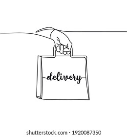 Continuous One Line Drawing Of A Couriers Hand Holding Paper Bag. Vector Illustration. Concept Of Delivery