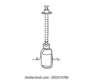 Continuous one line drawing of covid vaccine vial with syringe icon in silhouette on a white background. Linear stylized.