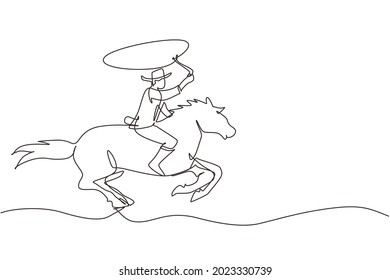 Continuous one line drawing cowboy on horse galloping across desert. Cowboy on bucking horse running with lasso. Cowboy with rope lasso on horse. Single line draw design vector graphic illustration