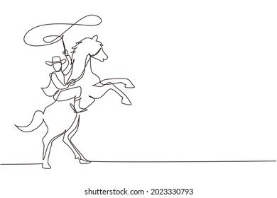 Continuous one line drawing cowboy throwing lasso riding rearing up horse. American cowboy riding horse and throwing lasso. Cowboy with rope lasso on horse. Single line draw design vector graphic