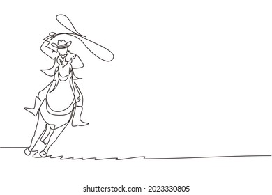 Continuous one line drawing cowboy with rope lasso on horse. American cowboy riding horse and throwing lasso. Cowboy on bucking horse running with lasso. Single line design vector graphic illustration