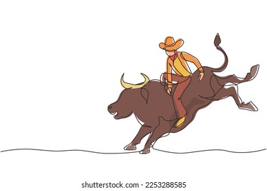 Continuous one line drawing cowboy riding wild bull for exciting rodeo show. strong and brave cowboy in hat join with rodeo competition riding wild bull. Single line design vector graphic illustration
