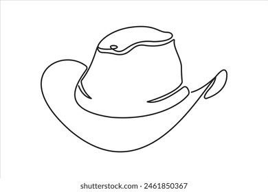 Continuous one line drawing of cowboy hat. Simple cowboy hat line art vector illustration.Continuous one line drawing of cowboy hat.Isolated on white background vector illustration.