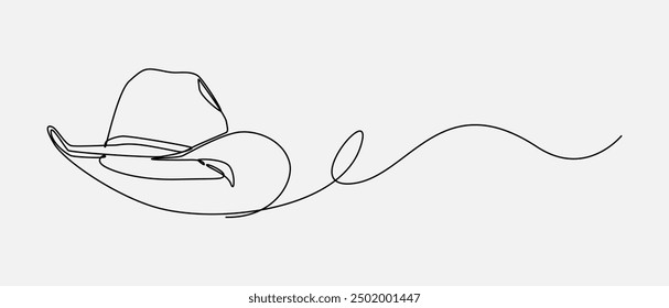 Continuous one line drawing of cowboy hat. Vintage, western, clothing concept. Editable stroke vector.