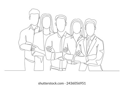 Continuous one line drawing of coworkers standing with crossed arms across chest behind each other, business teamwork concept, single line art.