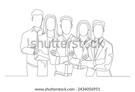 Continuous one line drawing of coworkers standing with crossed arms across chest behind each other, business teamwork concept, single line art.