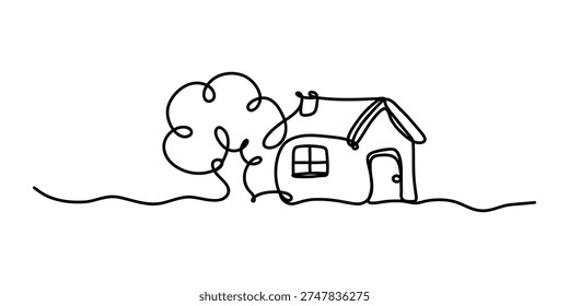 Continuous one line drawing of cozy countryside house with tree representing peaceful rural lifestyle, home comfort and nature harmony in elegant minimalist contour illustration style. Vector illustration.