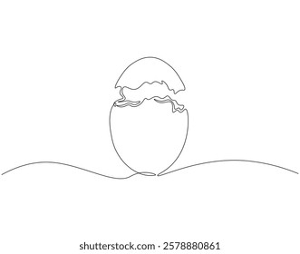 Continuous one line drawing of cracked eggshell. One line drawing illustration of broken empty egg. Organic farm product concept single line. Editable outline