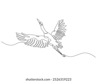 Continuous one line drawing of crane bird flying. One line drawing illustration of stork flying in sky. World migratory bird day concept line art. Editable outline