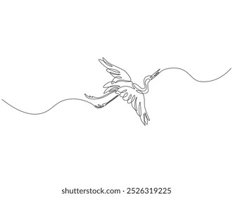 Continuous one line drawing of crane bird flying. One line drawing illustration of stork flying in sky. World migratory bird day concept line art. Editable outline