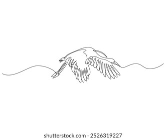 Continuous one line drawing of crane bird flying. One line drawing illustration of stork flying in sky. World migratory bird day concept line art. Editable outline