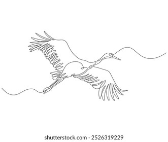 Continuous one line drawing of crane bird flying. One line drawing illustration of stork flying in sky. World migratory bird day concept line art. Editable outline