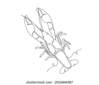 Continuous one line drawing of crawfish in silhouette on a white background. Linear stylized.Minimalist.