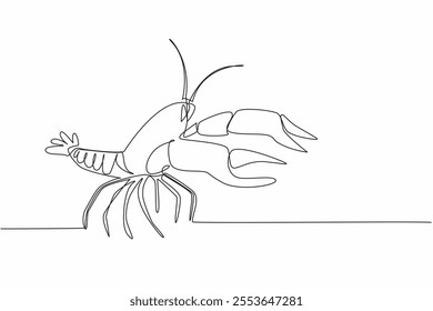 Continuous one line drawing crawfish posing. Aquatic animal with large pincers. This animal has a smaller body than a lobster. Tasty. National Crawfish Day. Single line draw design vector illustration