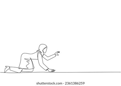 Continuous one line drawing crawl Arabian businesswoman. Trying to get up after being attacked by a pandemic. Starting from crawling, walking, then running fast. Single line draw vector illustration