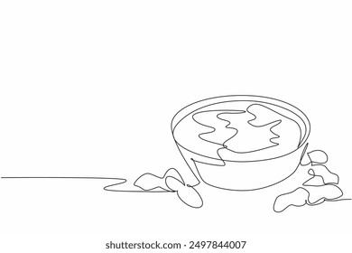 Continuous one line drawing creamy peanut butter in glass bowl. Poured for ease. Ready to spread on bread for breakfast. National Peanut Butter Lover’s Day. Single line draw design vector illustration