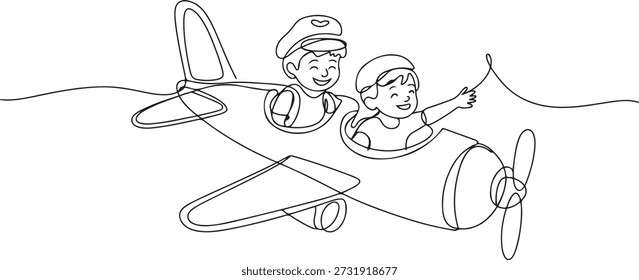 Uma linha contínua desenhando crianças criativas jogando como piloto com avião de papelão. Crianças andando de avião artesanal de papelão Piloto de jogo de avião. desenho de ícone de uma linha
