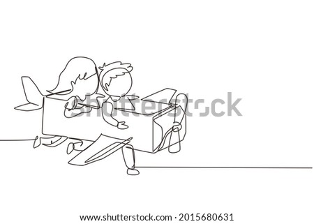 Continuous one line drawing creative kids playing as pilot with cardboard airplane. Children riding cardboard handmade airplane. Plane game pilot. Single line draw design vector graphic illustration