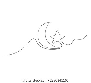 Continuous one line drawing of crescent moon for ramadhan element. simple crescent moon and star line art vector illustration. Editable stroke.