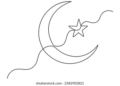 Continuous one line drawing of Crescent moon and star Ramadan isolated on white background outline vector art illustration
