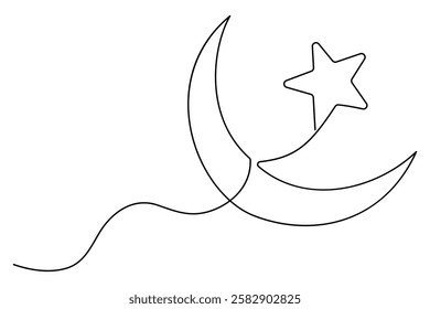 Continuous one line drawing of Crescent moon and star Ramadan isolated on white background outline vector art illustration
