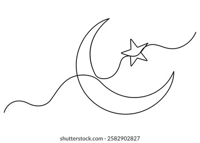 Continuous one line drawing of Crescent moon and star Ramadan isolated on white background outline vector art illustration
