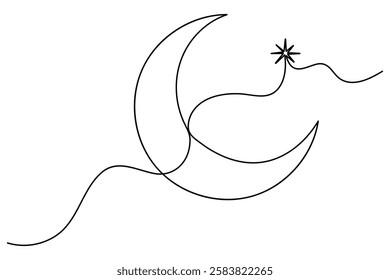 Continuous one line drawing of Crescent moon and star Ramadan isolated on white background outline vector art illustration
