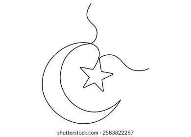 Continuous one line drawing of Crescent moon and star Ramadan isolated on white background outline vector art illustration
