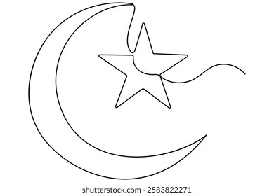 Continuous one line drawing of Crescent moon and star Ramadan isolated on white background outline vector art illustration
