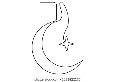 Continuous one line drawing of Crescent moon and star Ramadan isolated on white background outline vector art illustration
