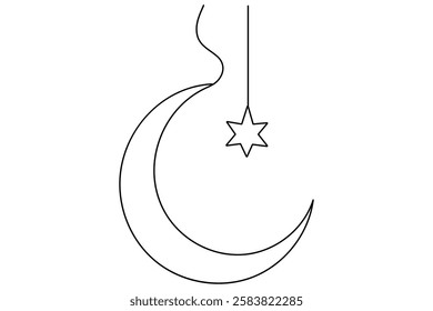 Continuous one line drawing of Crescent moon and star Ramadan isolated on white background outline vector art illustration
