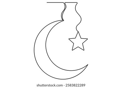 Continuous one line drawing of Crescent moon and star Ramadan isolated on white background outline vector art illustration
