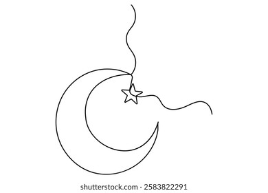 Continuous one line drawing of Crescent moon and star Ramadan isolated on white background outline vector art illustration
