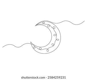 Continuous one line drawing of crescent moon. Single line drawing illustration of crescent moon. Ramadan kareem concept vector art. Doodle line illustration.
