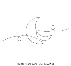 Continuous one line drawing of crescent moon. Single line drawing illustration of crescent moon. Ramadan kareem concept vector art. Doodle line illustration.
