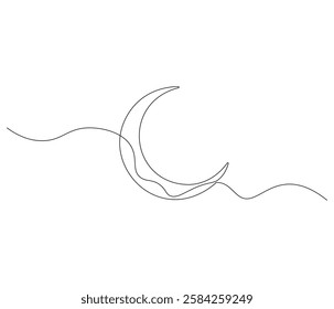 Continuous one line drawing of crescent moon. Single line drawing illustration of crescent moon. Ramadan kareem concept vector art. Doodle line illustration.
