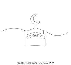 Continuous one line drawing of Crescent moon and kaabah. Single line drawing illustration of Islamic icon for greeting card. Ramadan kareem concept vector art. Doodle line illustration.

