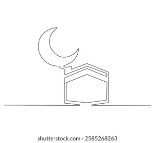 Continuous one line drawing of Crescent moon and kaabah. Single line drawing illustration of Islamic icon for greeting card. Ramadan kareem concept vector art. Doodle line illustration.

