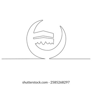 Continuous one line drawing of Crescent moon and kaabah. Single line drawing illustration of Islamic icon for greeting card. Ramadan kareem concept vector art. Doodle line illustration.

