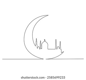 Continuous one line drawing of Crescent moon and mosque. Single line drawing illustration of Crescent moon and mosque for greeting card. Ramadan kareem concept vector art. Doodle line illustration.