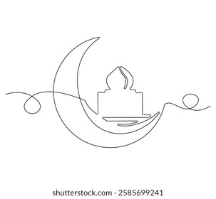 Continuous one line drawing of Crescent moon and mosque. Single line drawing illustration of Crescent moon and mosque for greeting card. Ramadan kareem concept vector art. Doodle line illustration.